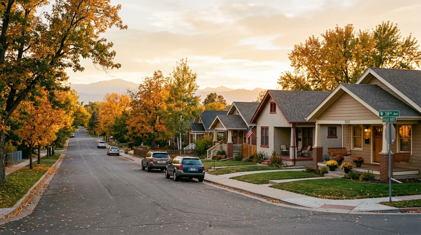 Quiet tree-lined residential street in Wheat Ridge, Colorado