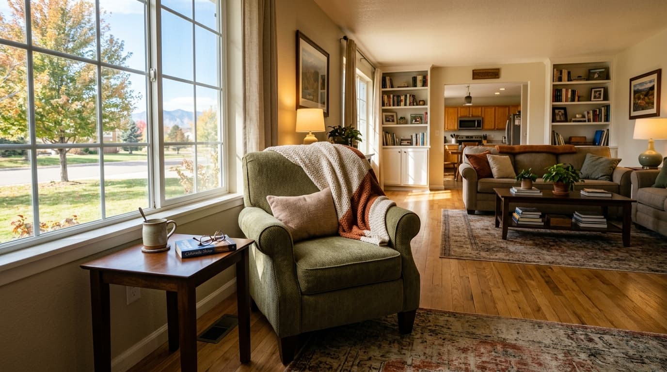 Bright, comfortable living room with clear walking paths in a Windsor home