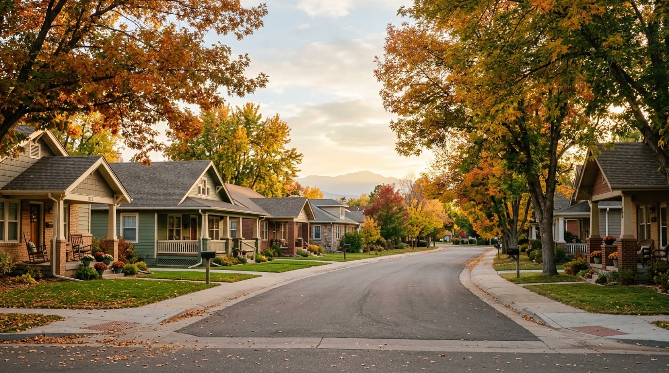 Quiet tree-lined residential street in Windsor, Colorado