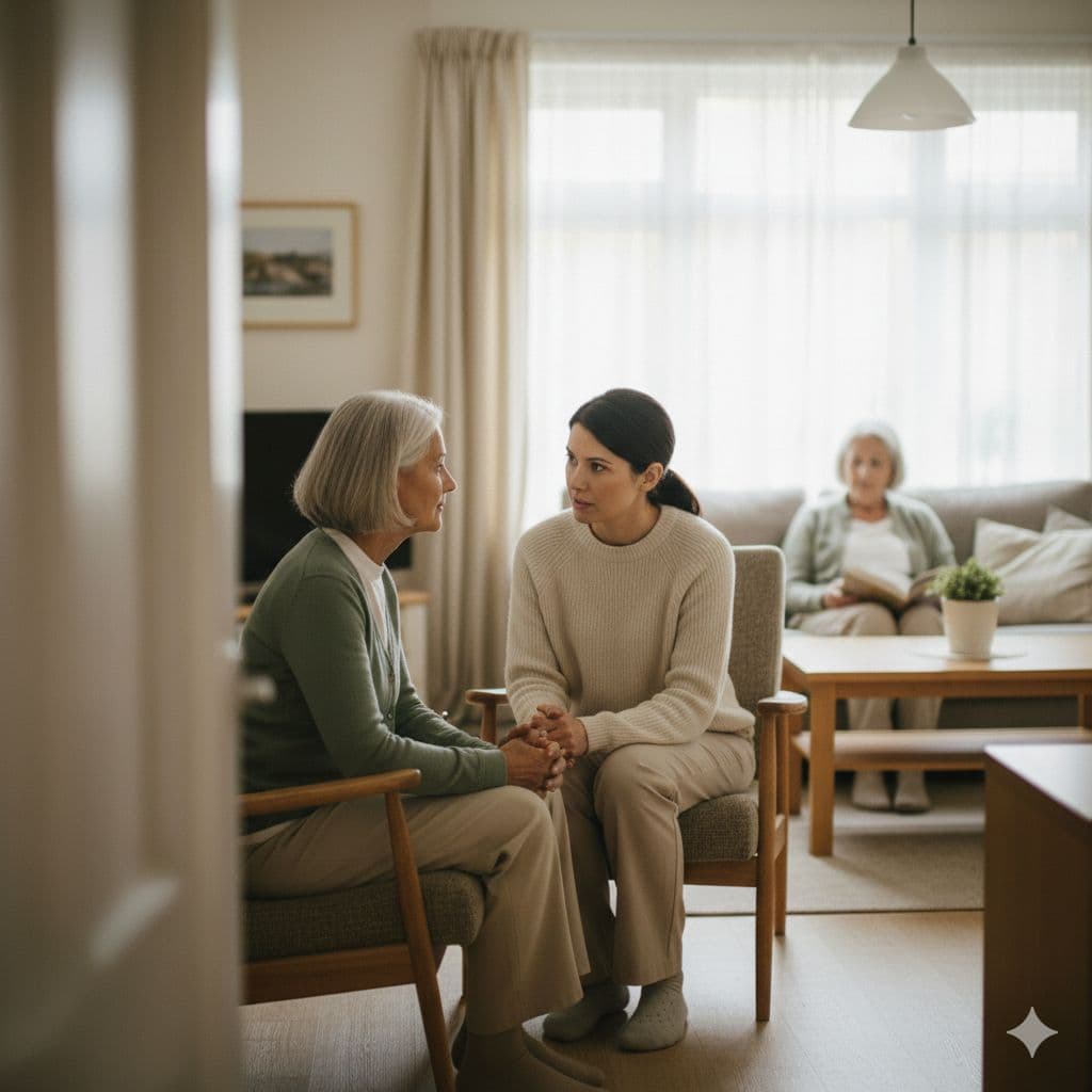 Caregiver speaking calmly with an adult family member while an older parent rests nearby.