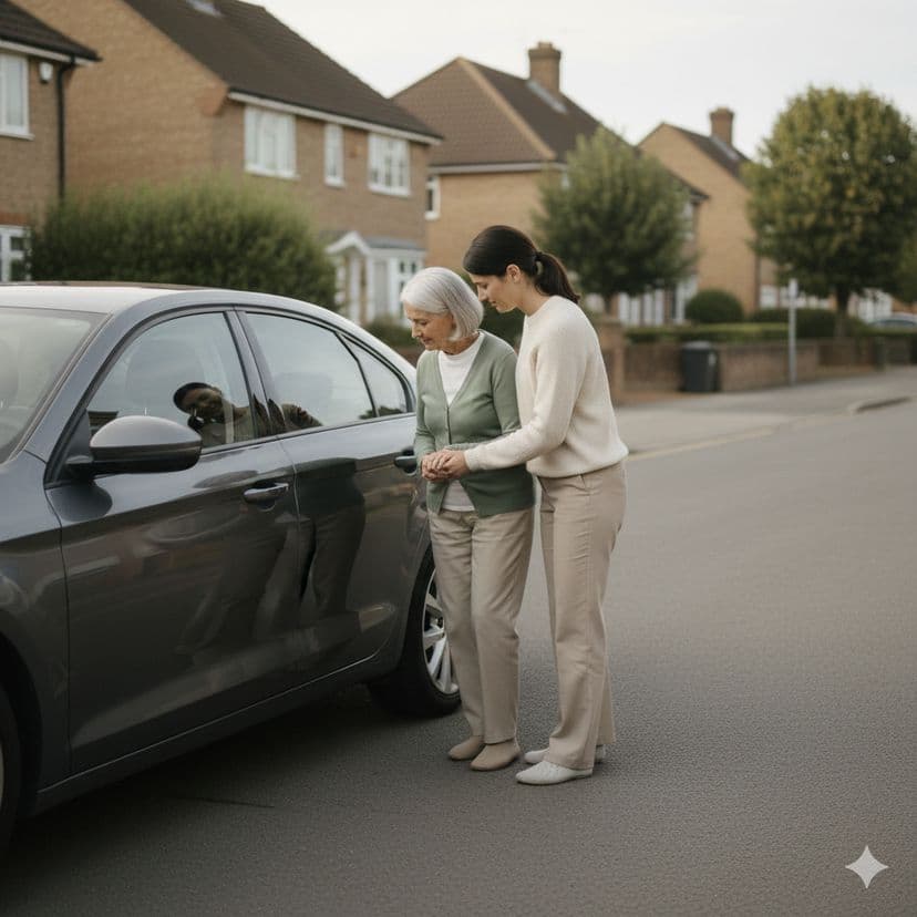 Caregiver assisting an older adult into a car for a routine appointment.