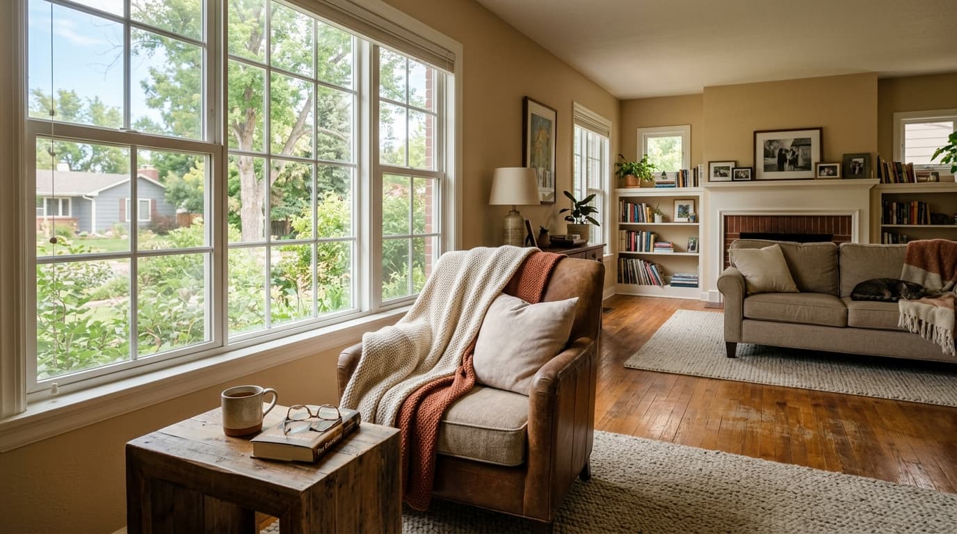 Bright, comfortable living room with clear walking paths in a Longmont home