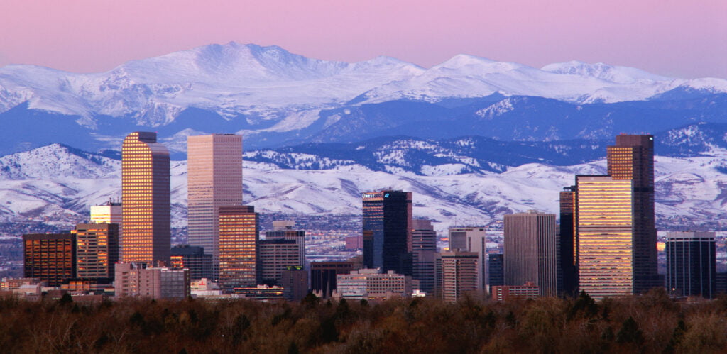 Denver skyline with Rocky Mountains